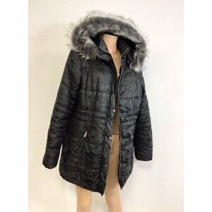 Black Winter Coat Puffer Jacket Faux Fur Trim Womens XL